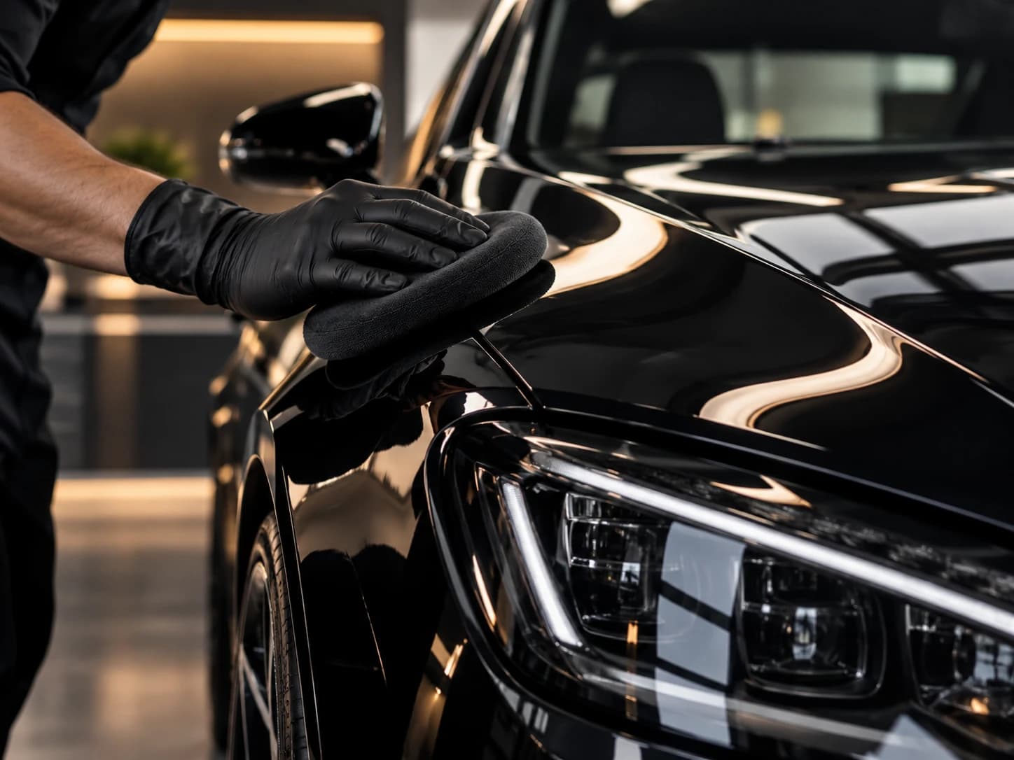 Close-up of a glossy black car being hand-polished during a detailing service