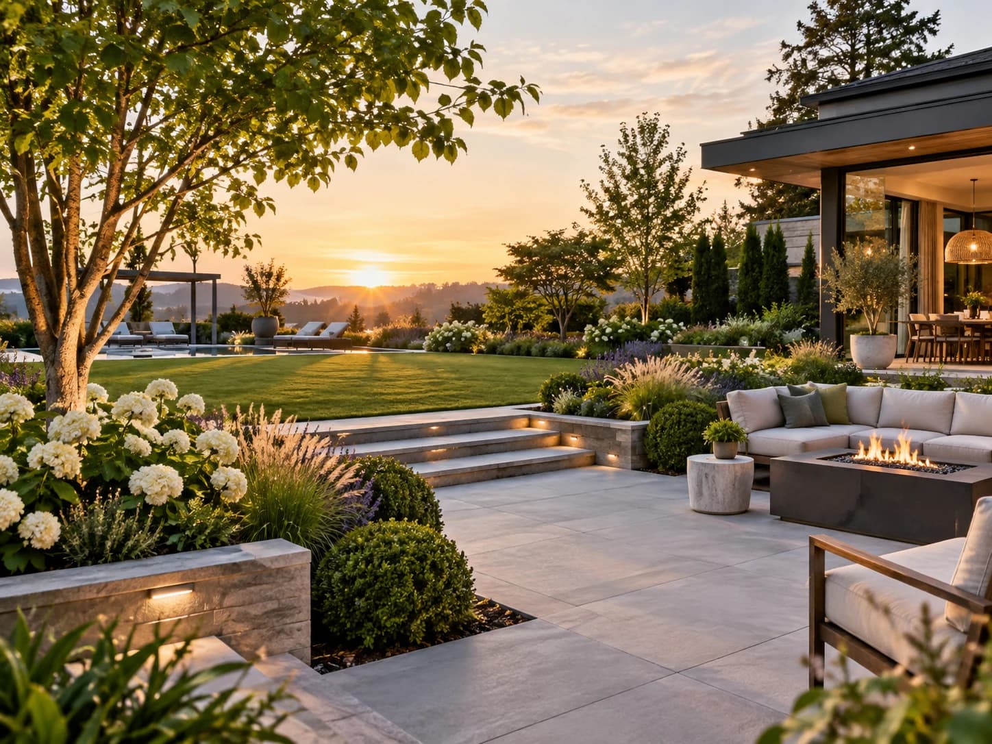 A premium landscaped garden patio with a fire pit, lounge seating and a pool at sunset