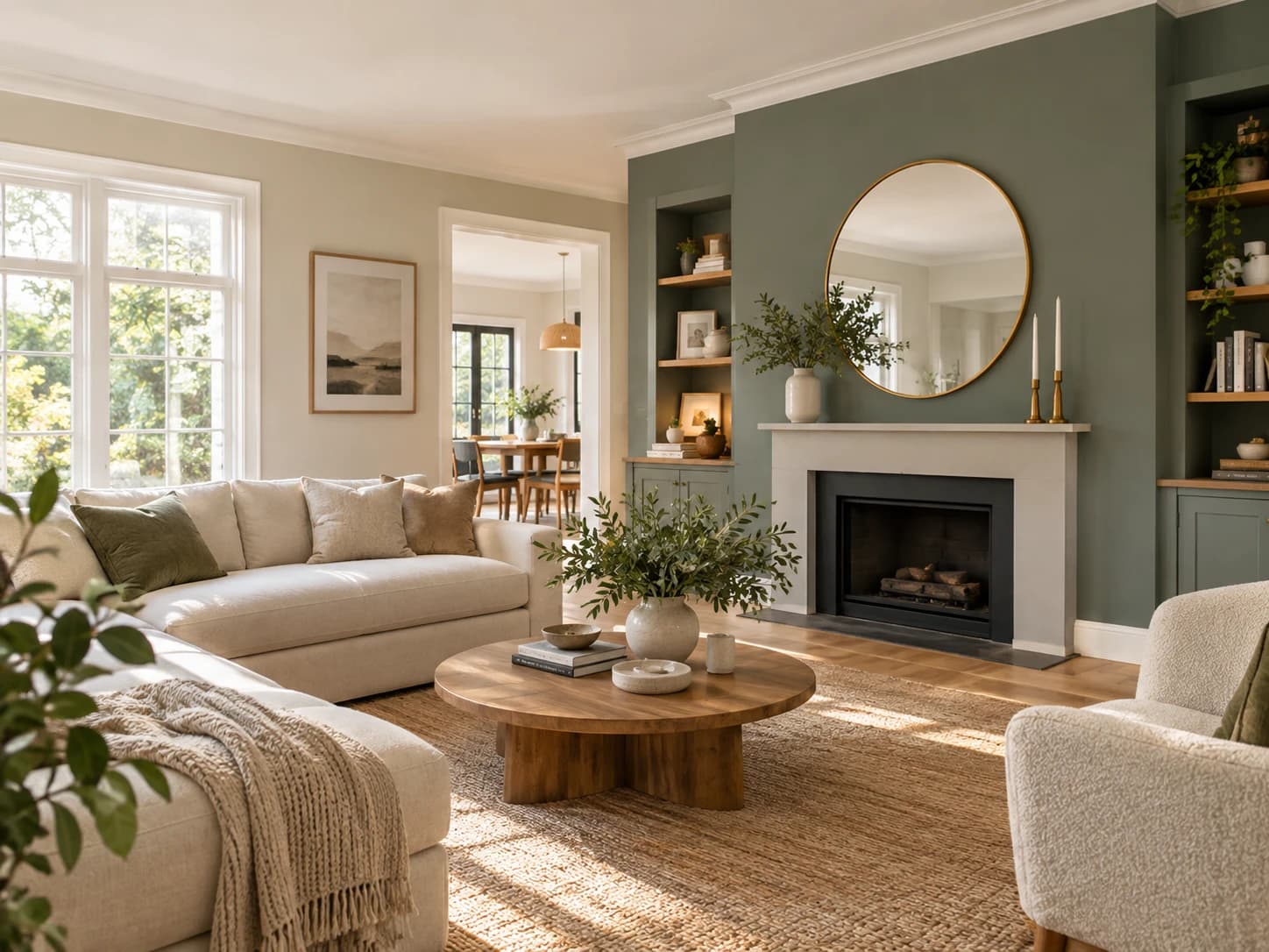 A freshly painted living room with a deep blue feature wall, white wainscoting and a fireplace